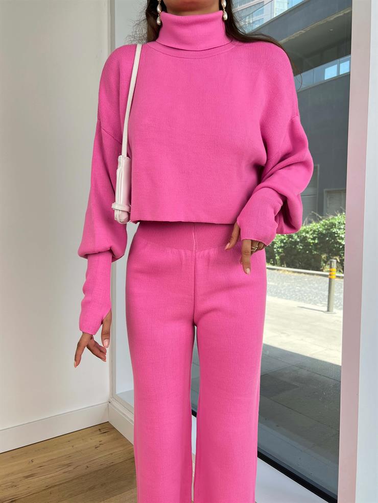 Balıkçı Yaka Crop Geniş Paça Pantolon Barbara Kadın Pembe Triko Takım 24k255