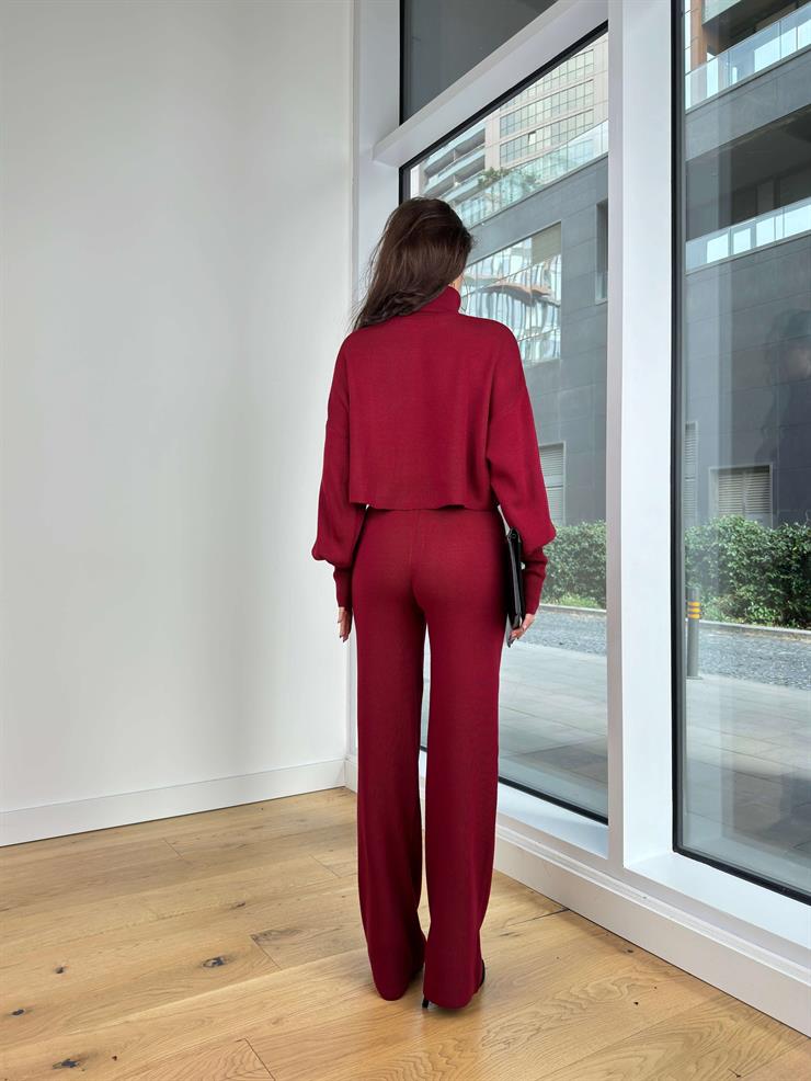 Balıkçı Yaka Crop Geniş Paça Pantolon Barbara Kadın Bordo Triko Takım 24k255