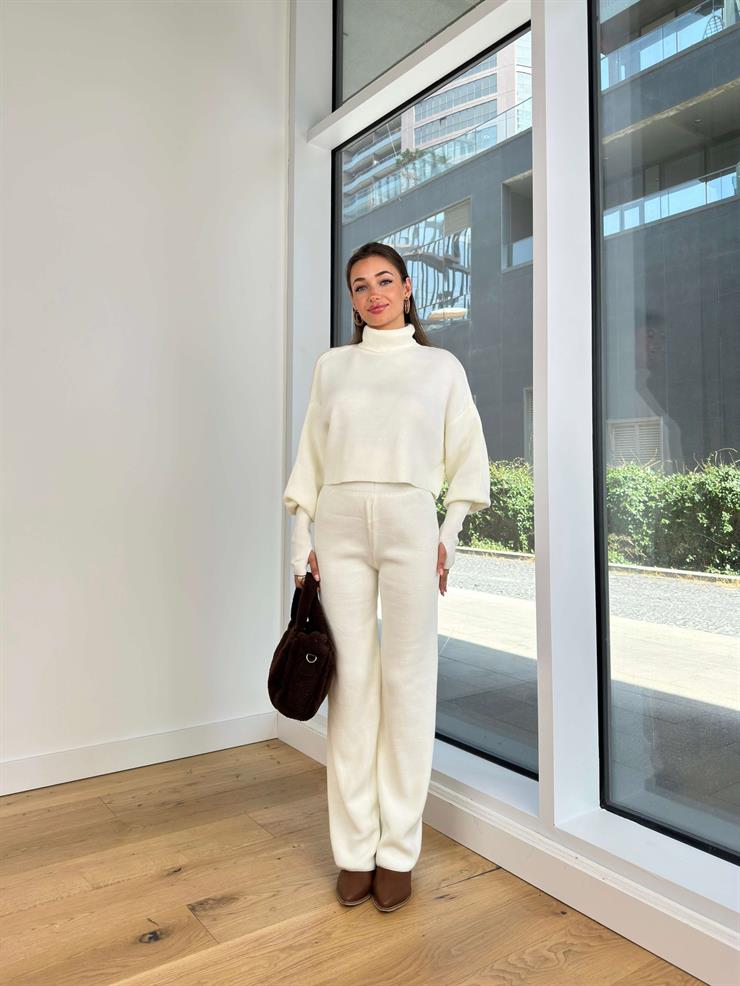 Balıkçı Yaka Crop Geniş Paça Pantolon Barbara Kadın Ekru Triko Takım 24k255