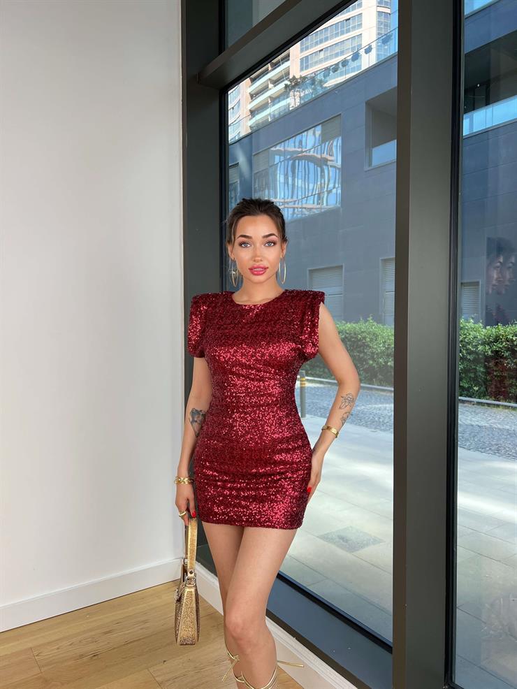 Omuz Vatkalı Barebra Bordo Kadın Pullu Payetli Mini Elbise 24Y567
