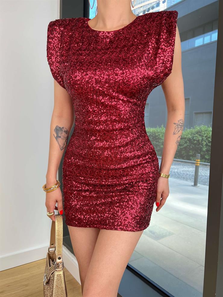 Omuz Vatkalı Barebra Bordo Kadın Pullu Payetli Mini Elbise 24Y567
