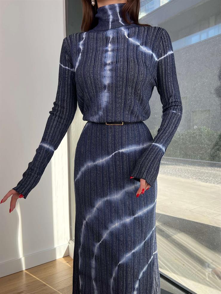 Boğazlı Uzun Kollu Barend Kadın Mavi Batik Desenli Elbise 24k368