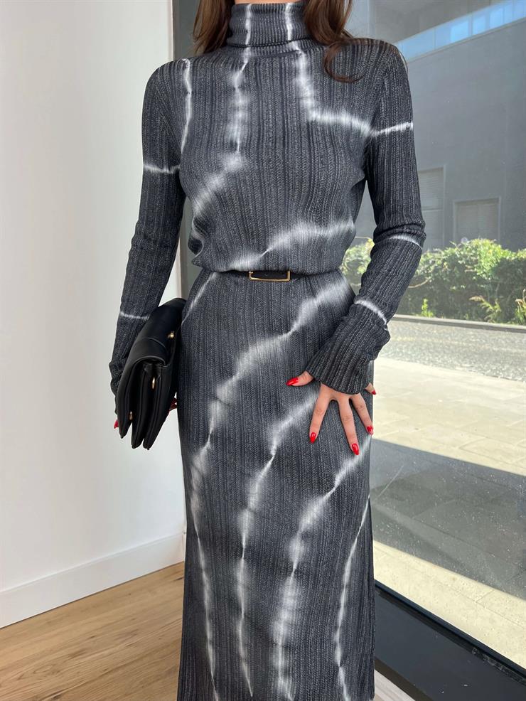 Boğazlı Uzun Kollu Barend Kadın Gri Batik Desenli Elbise 24k368