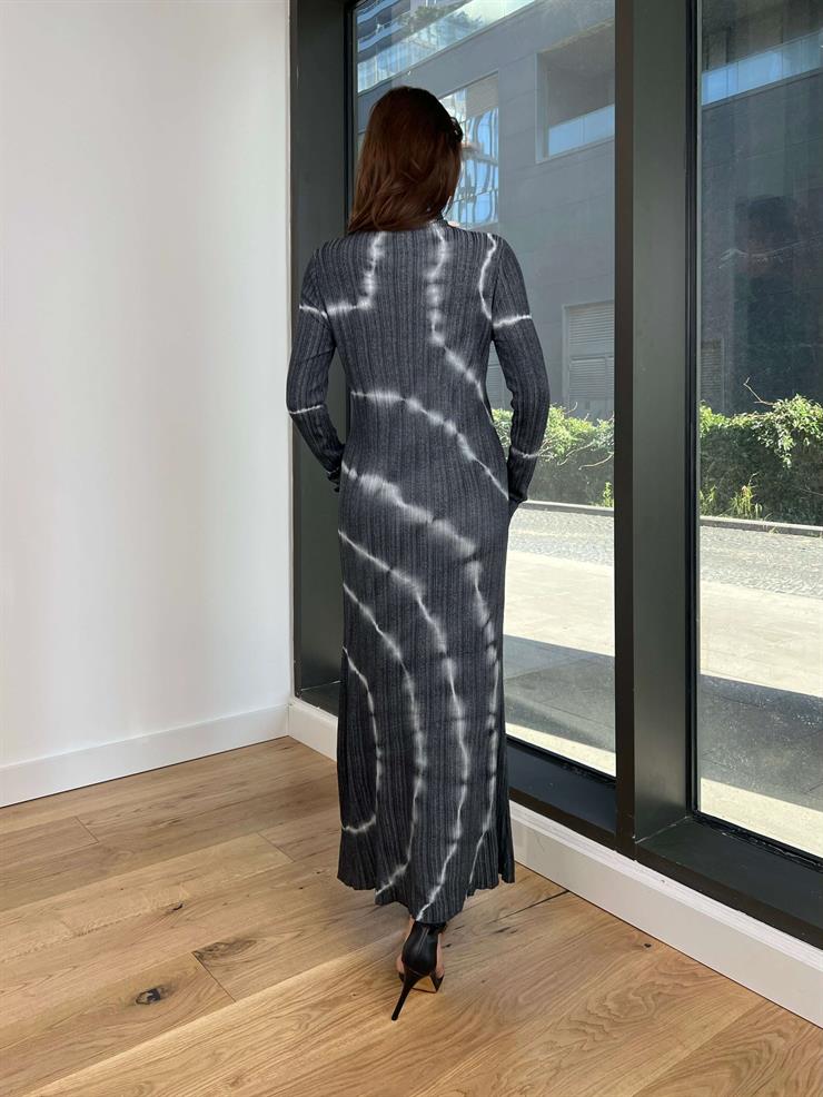 Boğazlı Uzun Kollu Barend Kadın Gri Batik Desenli Elbise 24k368