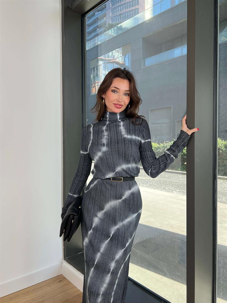 Boğazlı Uzun Kollu Barend Kadın Gri Batik Desenli Elbise 24k368