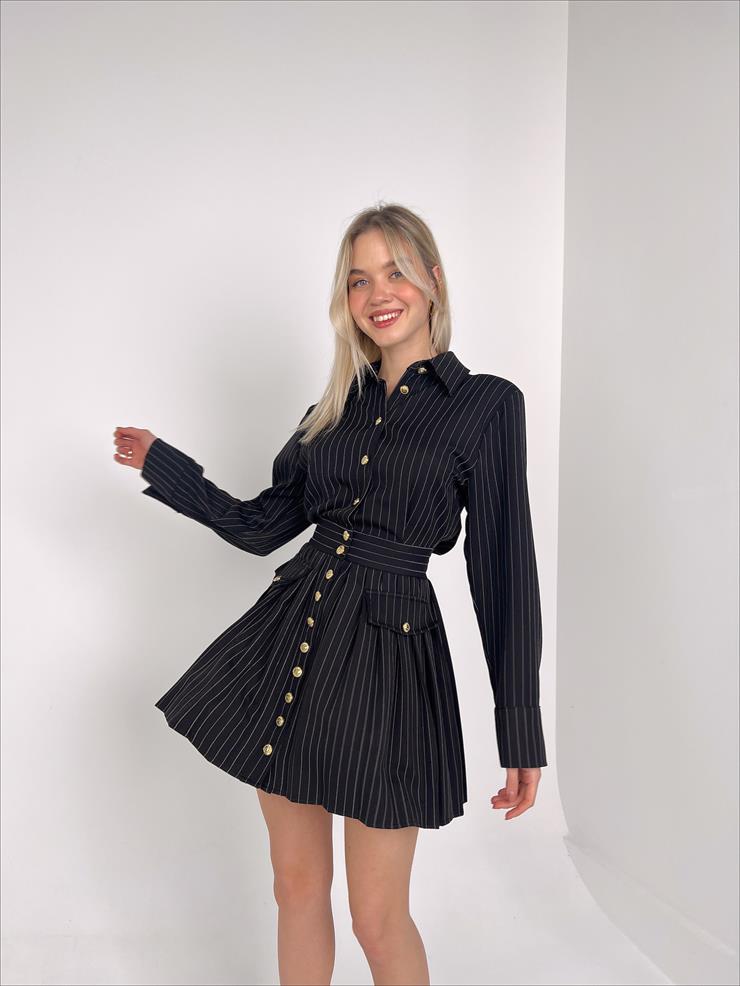 Gömlek Yaka Önü Düğme Kapamalı Uzun Kol Barney Kadın Çizgili Siyah Mini Elbise 23Y000145