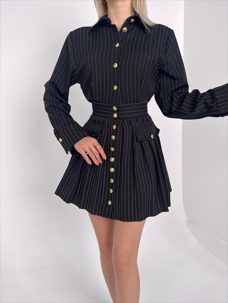 Gömlek Yaka Önü Düğme Kapamalı Uzun Kol Barney Kadın Çizgili Siyah Mini Elbise 23Y000145
