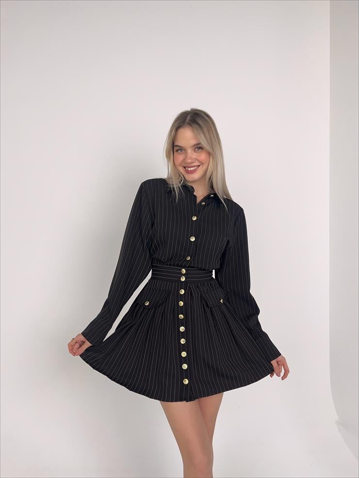 Gömlek Yaka Önü Düğme Kapamalı Uzun Kol Barney Kadın Çizgili Siyah Mini Elbise 23Y000145