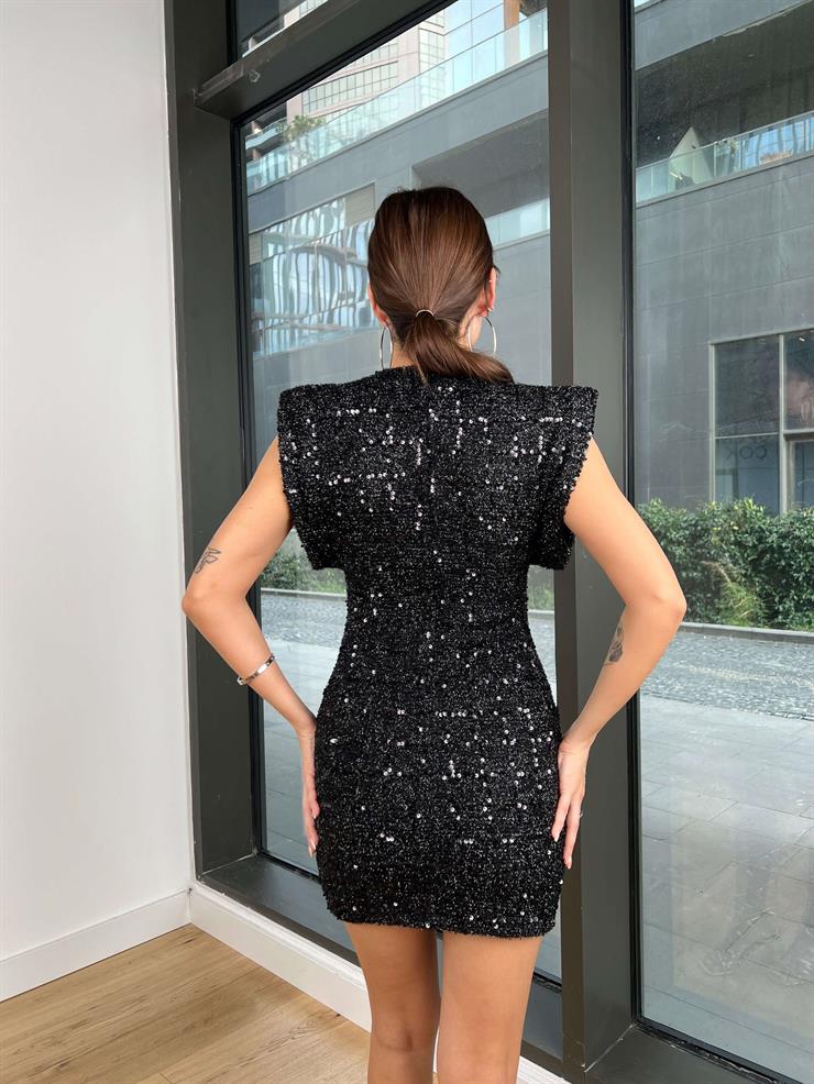 Omuz Vatkalı Payetli Barry Kadın Siyah Mini Elbise 24k393