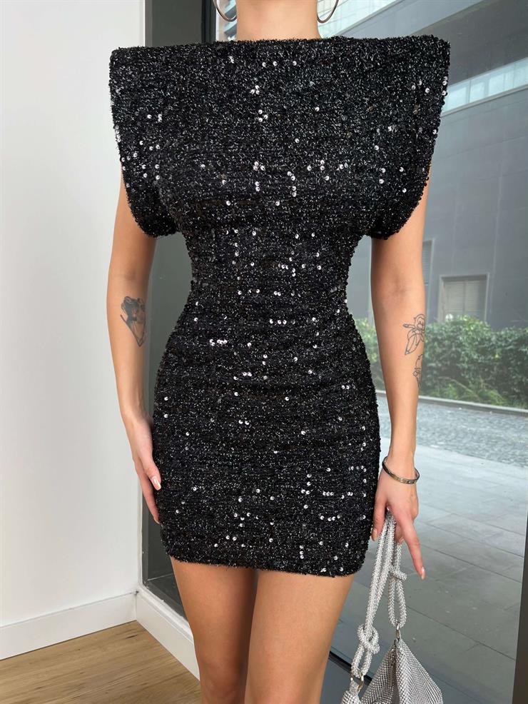 Omuz Vatkalı Payetli Barry Kadın Siyah Mini Elbise 24k393