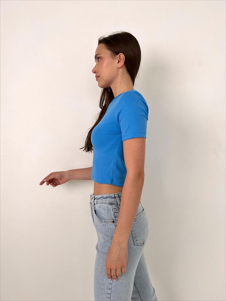 Bisiklet Yaka Kısa Kollu Kadın Mavi Basic Crop Tişört 23Y000098