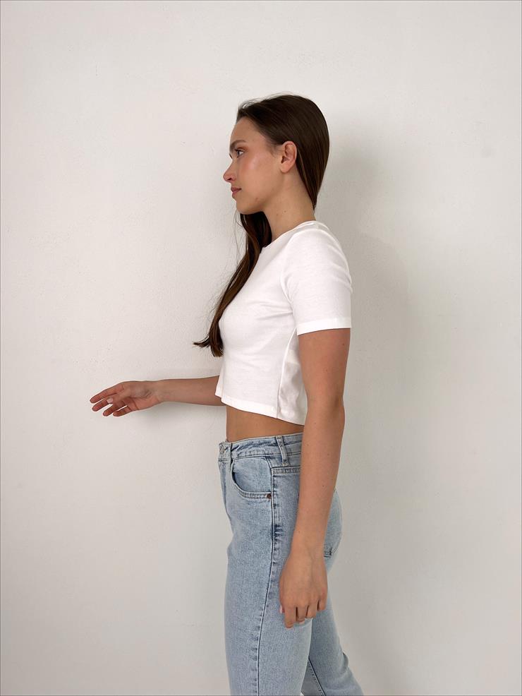 Bisiklet Yaka Kısa Kollu Kadın Beyaz Basic Crop Tişört 23Y000098