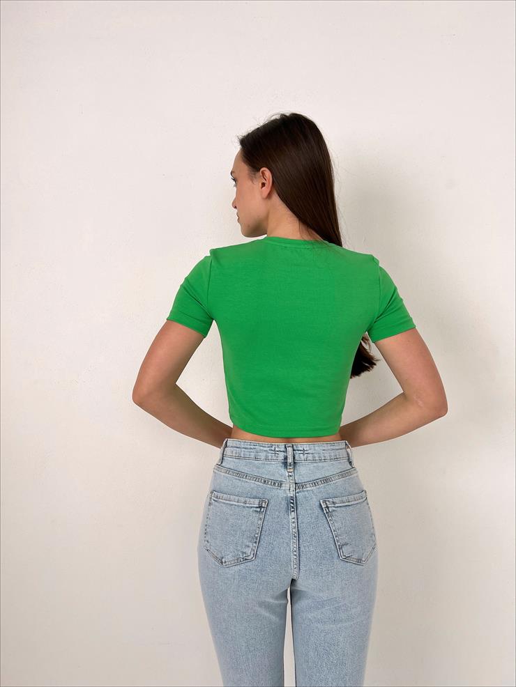 Bisiklet Yaka Kısa Kollu Kadın Yeşil Basic Crop Tişört 23Y000098