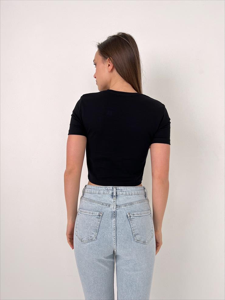 Bisiklet Yaka Kısa Kollu Kadın Siyah Basic Crop Tişört 23Y000098