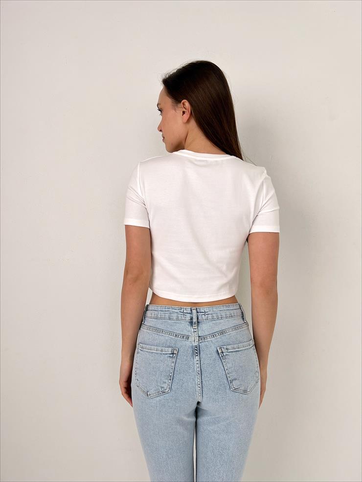 Bisiklet Yaka Kısa Kollu Kadın Beyaz Basic Crop Tişört 23Y000098