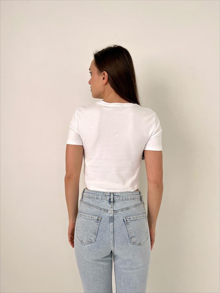 Bisiklet Yaka Kısa Kollu Kadın Ekru Basic Crop Tişört 23Y000098