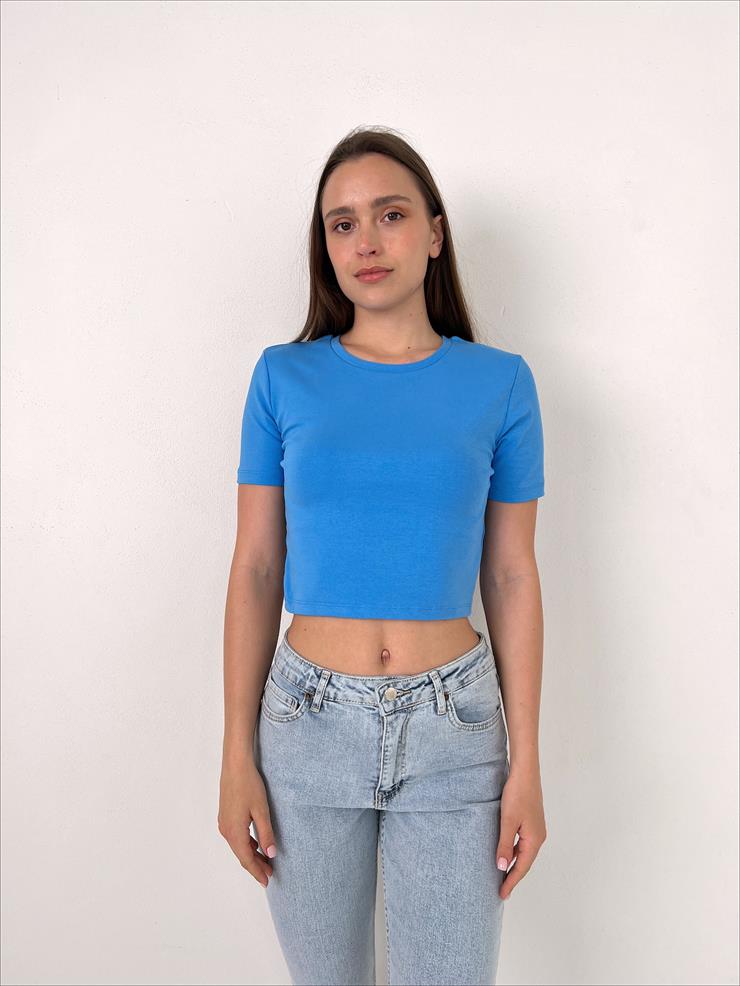 Bisiklet Yaka Kısa Kollu Kadın Mavi Basic Crop Tişört 23Y000098