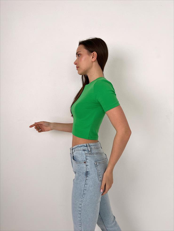Bisiklet Yaka Kısa Kollu Kadın Yeşil Basic Crop Tişört 23Y000098