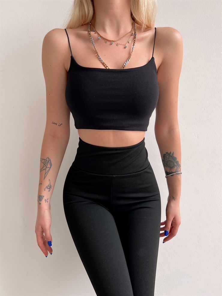 Basıc İp Askılı Kadın Siyah Crop Atlet 20Y000165