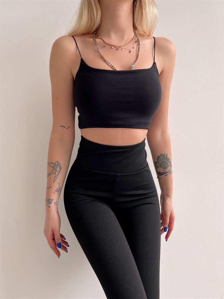 Basıc İp Askılı Kadın Siyah Crop Atlet 20Y000165