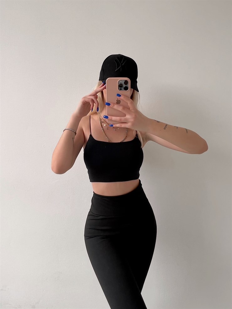 Basıc İp Askılı Kadın Siyah Crop Atlet 20Y000165