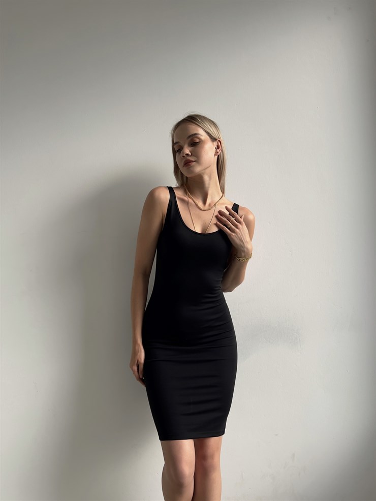 Basıc Kalın Askılı Likra Kumaş Jerry Kadın Siyah Elbise 22Y000185