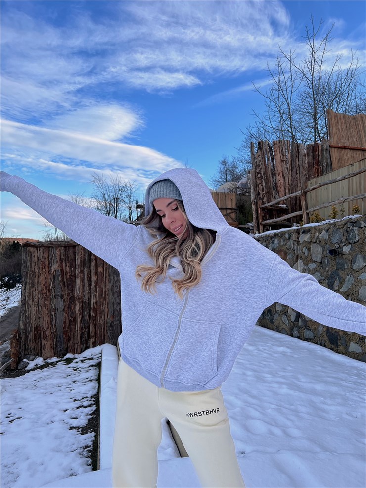 Basic Kapüşonlu Önden Fermuarlı Kadın Gri Sweat 21Y000559