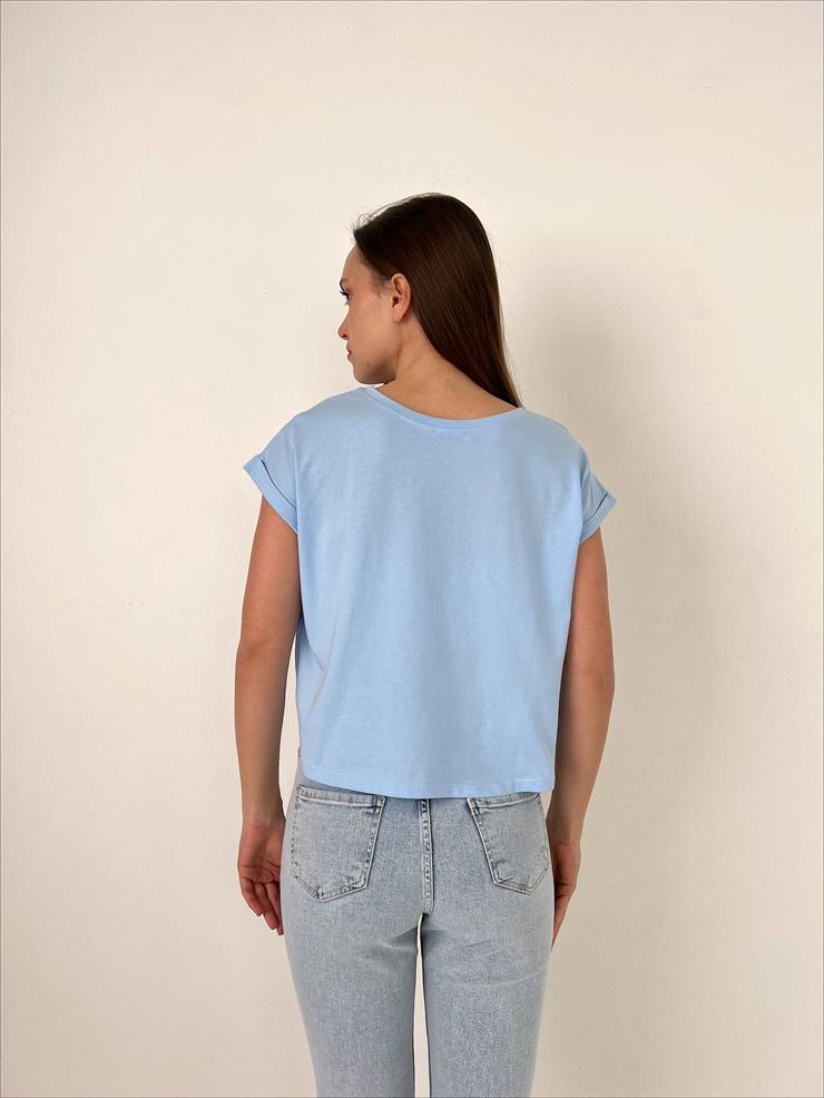Bisiklet Yaka Kısa Kollu Basic Kadın Mavi Tişört 23K000439