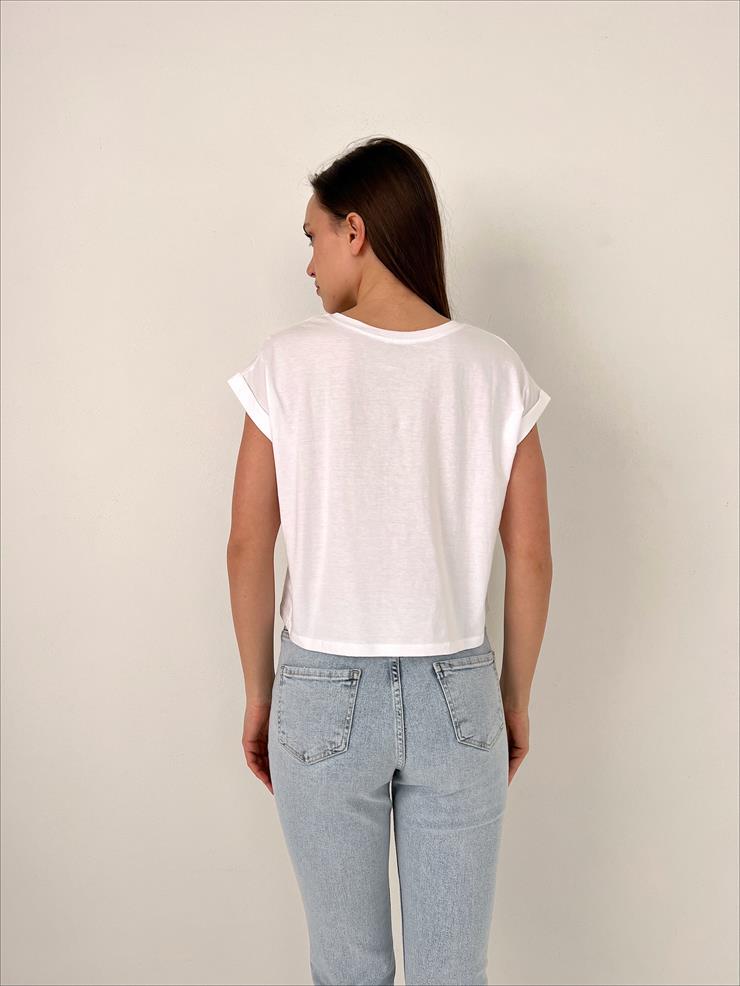 Bisiklet Yaka Kısa Kollu Basic Kadın Beyaz Tişört 23K000439