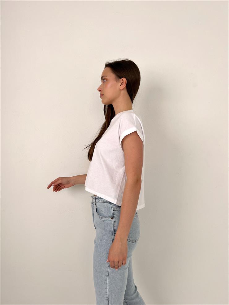 Bisiklet Yaka Kısa Kollu Basic Kadın Beyaz Tişört 23K000439