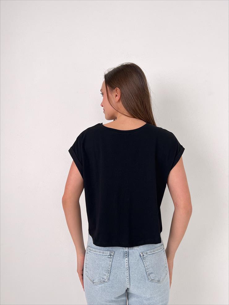 Bisiklet Yaka Kısa Kollu Basic Kadın Siyah Tişört 23K000439