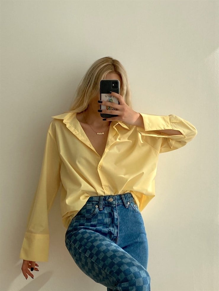 Basıc Yanları Yırtmaçlı Kadın Sarı Boyfriend Gömlek 20Y000152