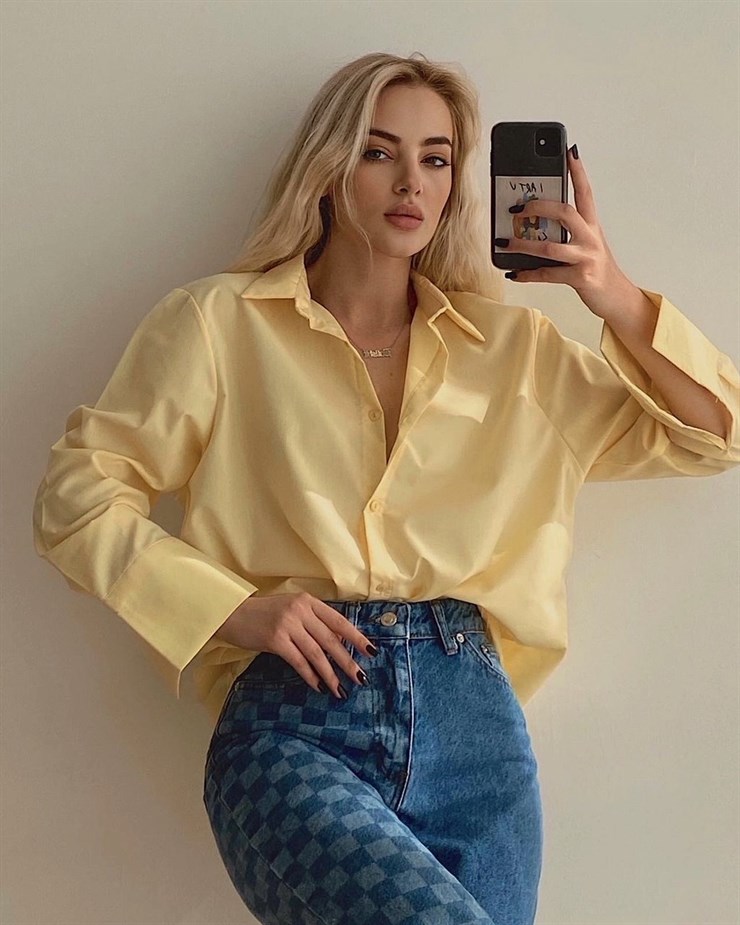 Basıc Yanları Yırtmaçlı Kadın Sarı Boyfriend Gömlek 20Y000152