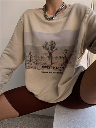 Bisiklet Yaka Ağaç Baskılı Kadın Taş Renk Sweat 22K000113