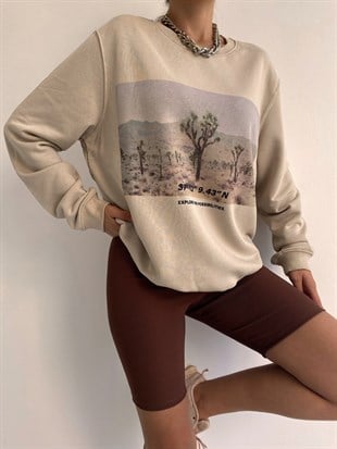 Bisiklet Yaka Ağaç Baskılı Kadın Taş Renk Sweat 22K000113