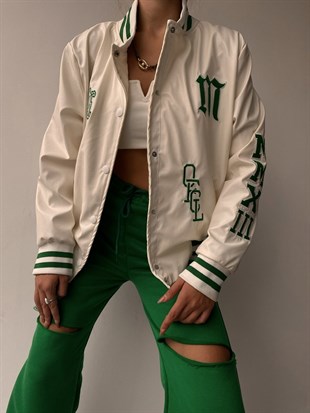 Deri Nakış İşlemeli Kadın Yeşil Bomber Ceket 22K000140