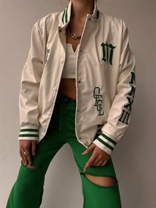 Deri Nakış İşlemeli Kadın Yeşil Bomber Ceket 22K000140