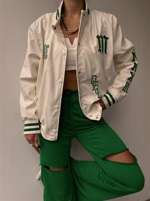 Deri Nakış İşlemeli Kadın Yeşil Bomber Ceket 22K000140