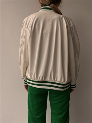 Deri Nakış İşlemeli Kadın Yeşil Bomber Ceket 22K000140