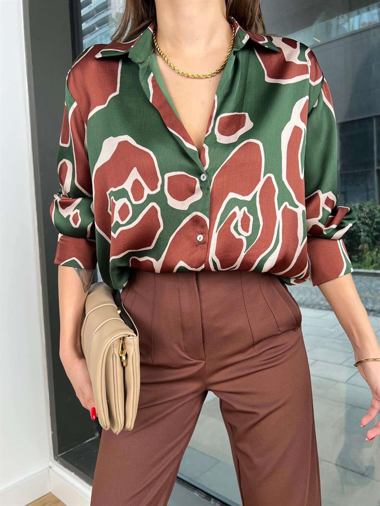 Oversize Baskılı Kadın Yeşil Saten Gömlek 24k362