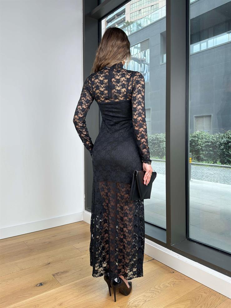 Boğazlı Dantel Bayt Siyah Kadın Elbise 25Y141