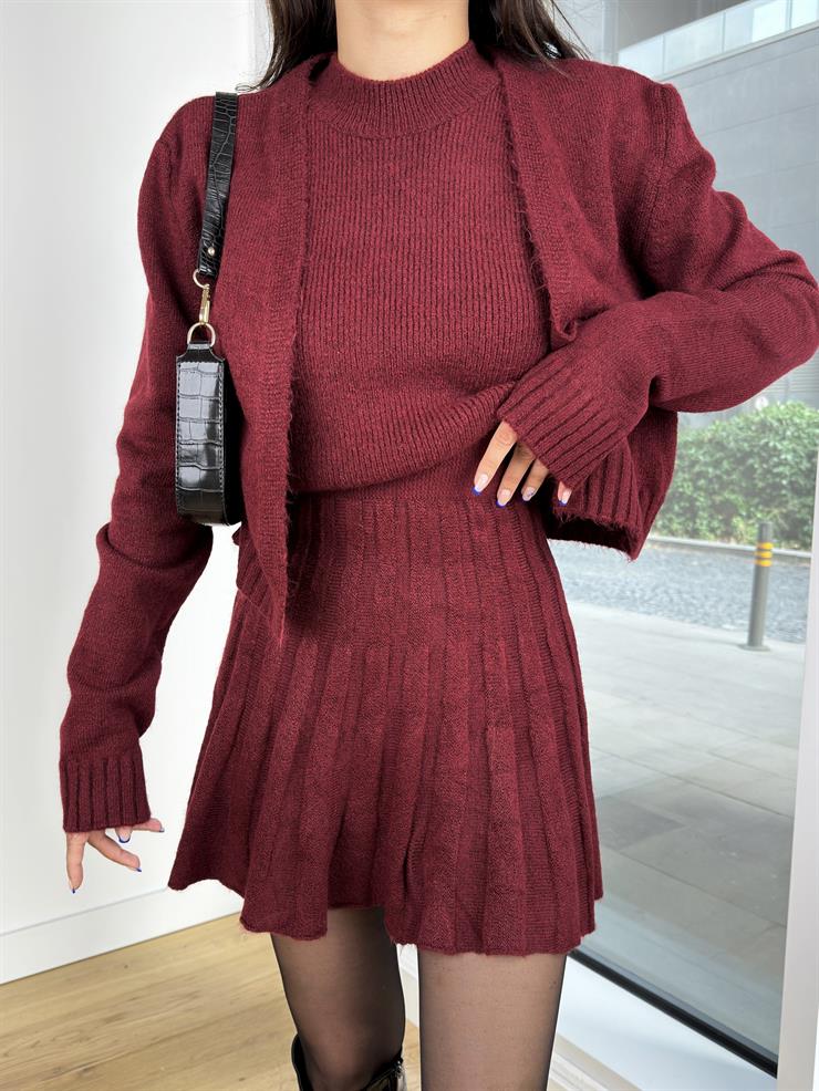 Yarım Balıkçı Kolsuz Crop Yüksek Bel Pileli Etek Ve Hırka Beata Kadın Bordo Triko Üçlü Takım 25K054