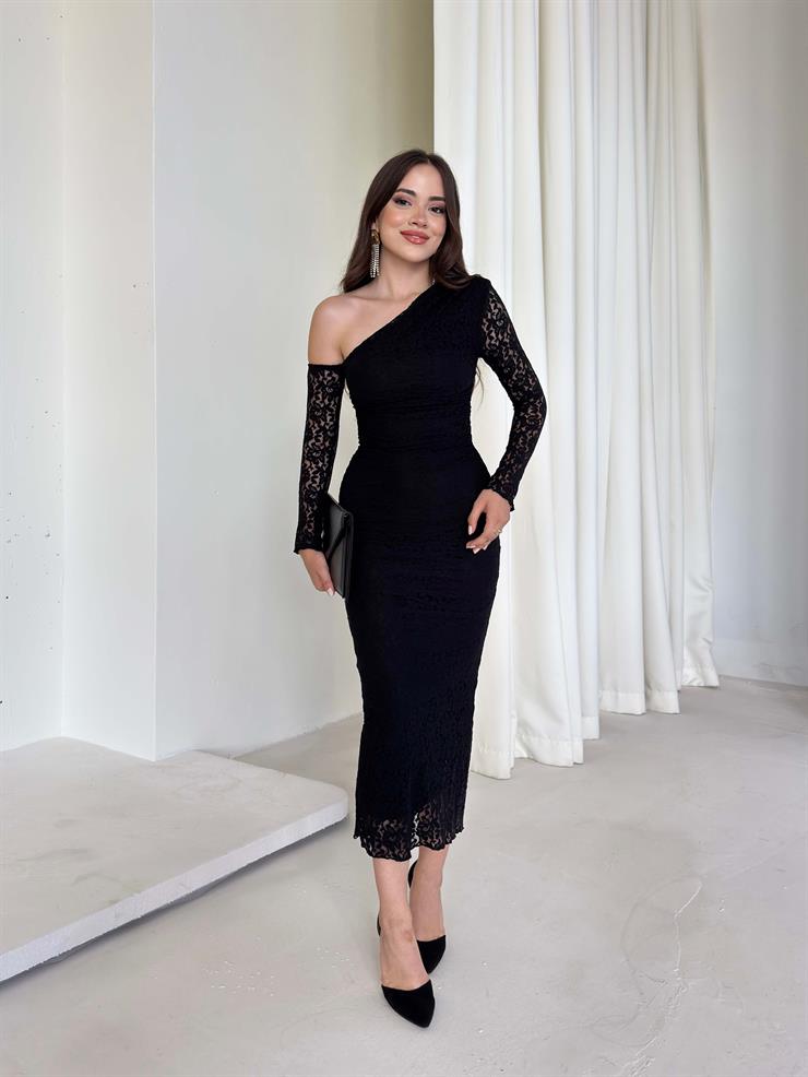 Tek Omuz Detaylı Dantelli Beauty Siyah Kadın Elbise 26K008
