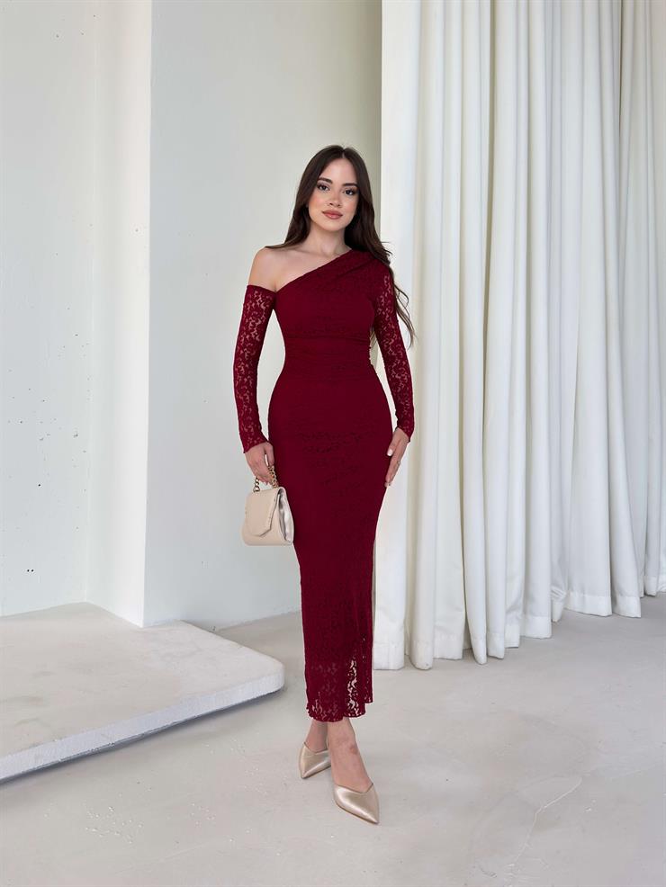 Tek Omuz Detaylı Dantelli Beauty Bordo Kadın Elbise 26K008
