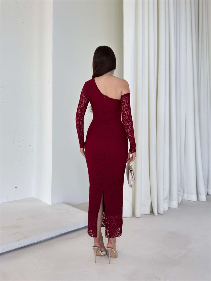Tek Omuz Detaylı Dantelli Beauty Bordo Kadın Elbise 26K008