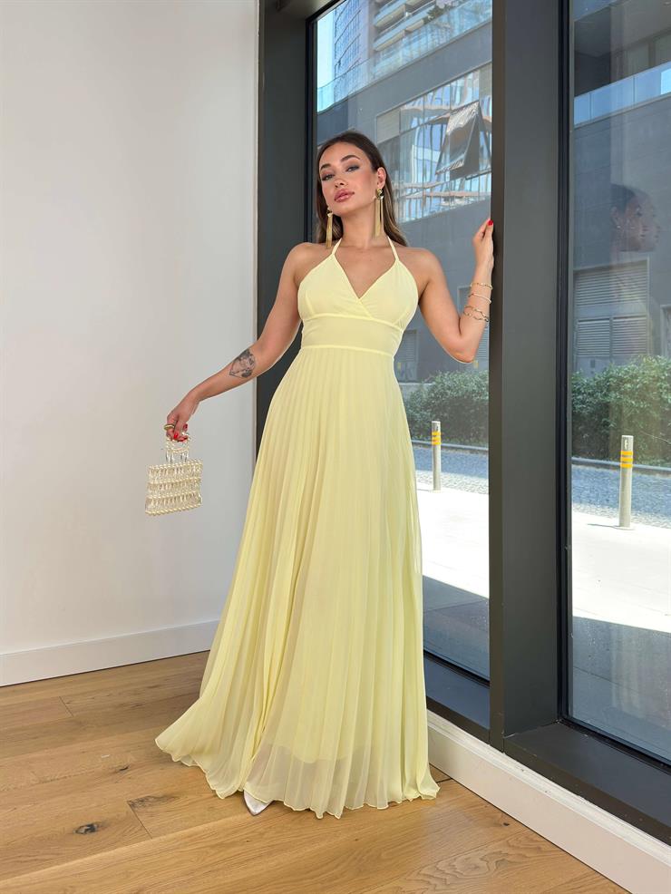 V Yaka Boyundan Askılı Eteği Pileli Beerli Sarı Kadın Elbise 25Y508