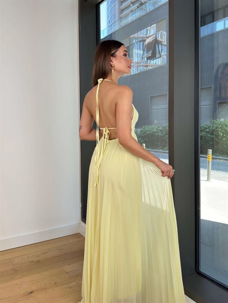 V Yaka Boyundan Askılı Eteği Pileli Beerli Sarı Kadın Elbise 25Y508