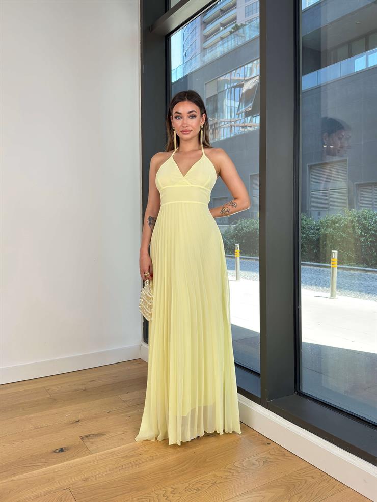 V Yaka Boyundan Askılı Eteği Pileli Beerli Sarı Kadın Elbise 25Y508