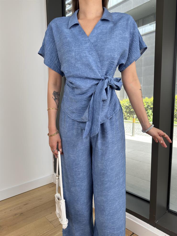 Kruvaze Bağlamalı Kısa Kol Bluz Yüksek Bel Bol Paça Pantolon Begn Mavi Kadın Takım 25Y279