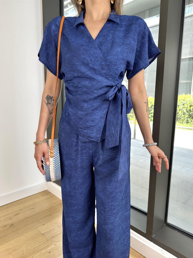 	Kruvaze Bağlamalı Kısa Kol Bluz Yüksek Bel Bol Paça Pantolon Begn Lacivert Kadın Takım 25Y279